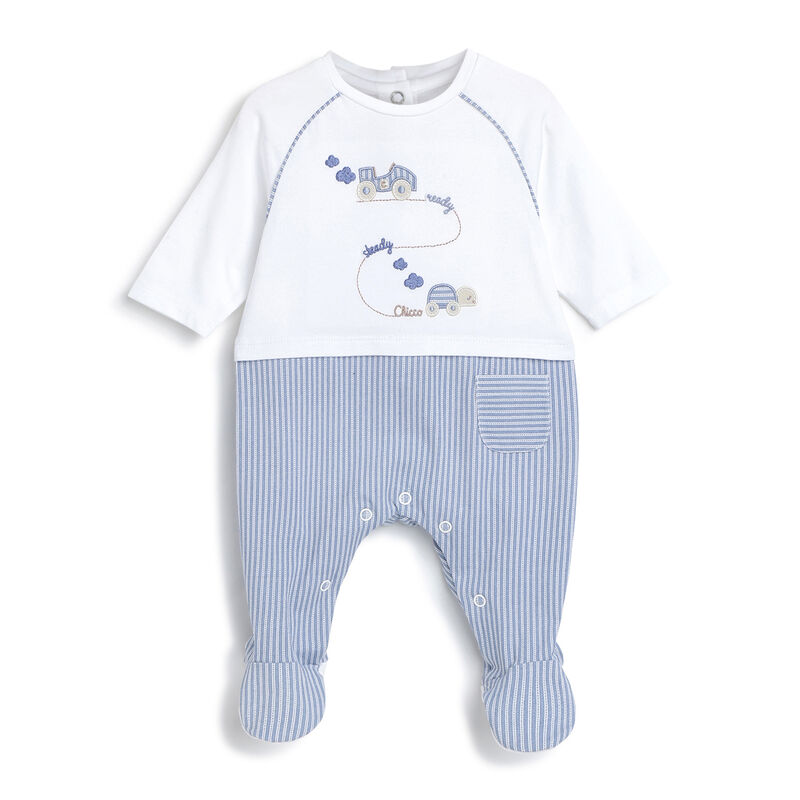 Boys White and Blue Applique Leg Opening Babysuit image number 0